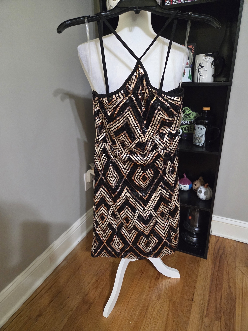 Black & Gold Sequin Mini Dress with Strappy Back